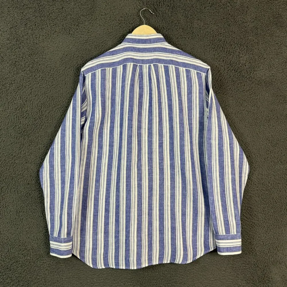 J Crew Shirt Mens Medium 100% Linen Blue Striped Slim Fit Lightweight Preppy